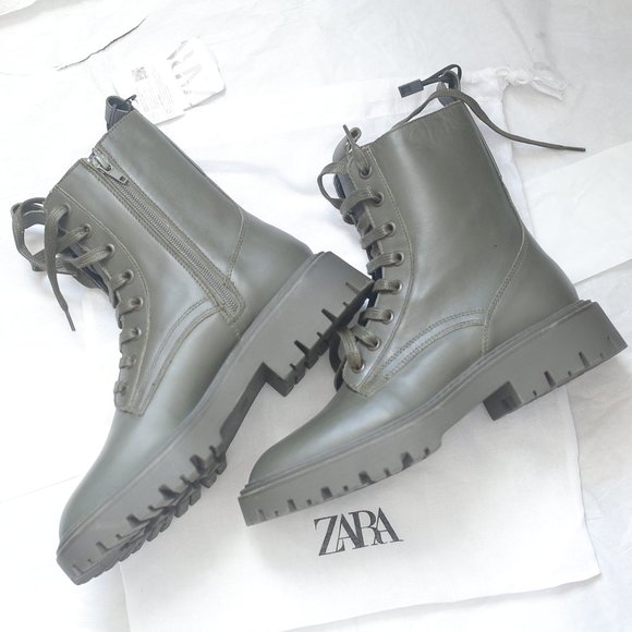 NWT LOW HEEL LACED genuine LEATHER ANKLE KHAKI GREEN BOOTS. - Picture 2 of 8